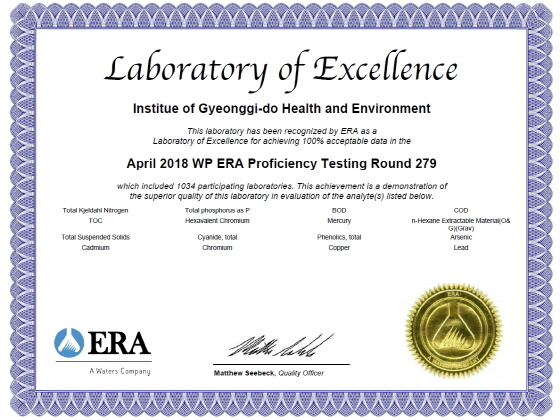 NSP통신-경기도보건환경연구원이 ERA 평가에서 최우수 분석기관에 선정돼 받은 인증서. (경기도)
