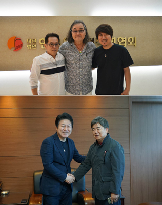 NSP통신-▲사진 위는 왼쪽부터 김지환 한음저협 부회장, 가수 한대수, 홍진영 한음저협 회장, 사진 아래는 홍진영 한음저협 회장과 故 박시춘 선생 상속자 박재형 씨(右) (한음저협)