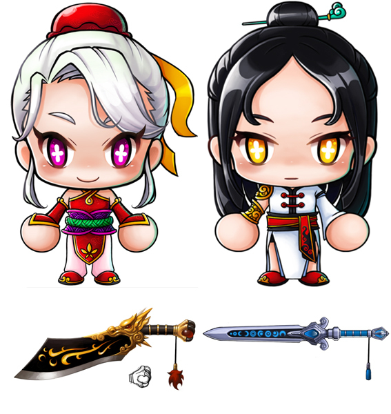 NSP통신-도검 테마 신규 캐릭터 일영(상, 좌)과 도검 테마 신규 캐릭터 월희(상, 우). 아래 신규 카트바디 비룡도 9(하, 좌), 신규 카트바디 은월검 9(하, 우).