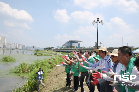 NSP통신-형산강살리기 정화활동 참가자들이 EM흙공을 던지고 있다. (포항시)