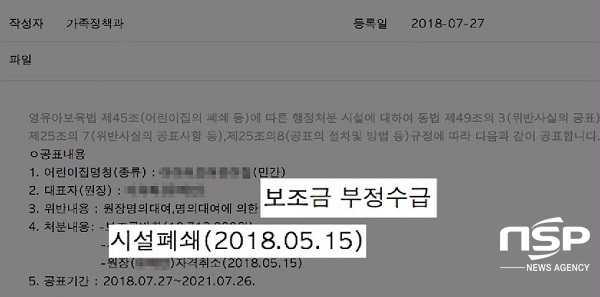 NSP통신-S유치원의 이 씨가 이전에 L어린이집을 운영하며 원장의 명의를 대여해 운영하고, 보조금을 부정수급해 어린이집이 폐쇄조치 됐다. (김도성 기자)