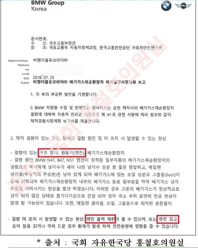 NSP통신-BMW코리아사가 국토교통부에 제출한 내부보고 자료. (홍철호 의원실)