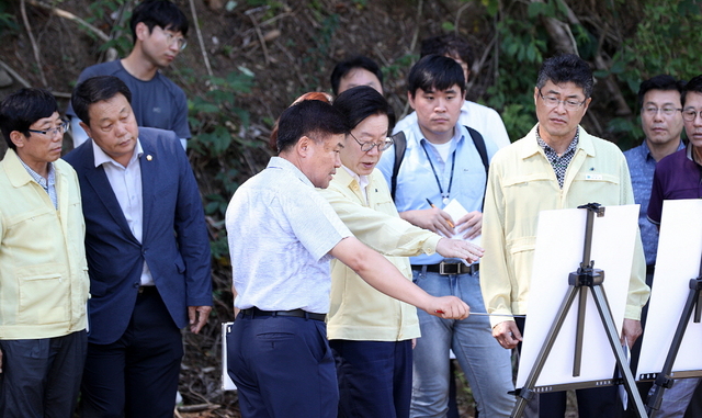 NSP통신-22일 포천 화현면 명덕리 48-1 일원 사방사업 현장을 방문한 이재명 경기도지사가 태풍 솔릭 피해 예방실태를 점검하고 있다. (경기도)