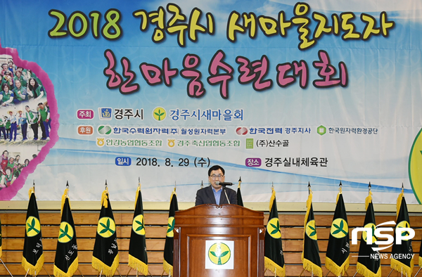 NSP통신-주낙영 시장이 29일 2018 경주시새마을지도자 한마음수련대회에서 축사를 하고 있다. (경주시)