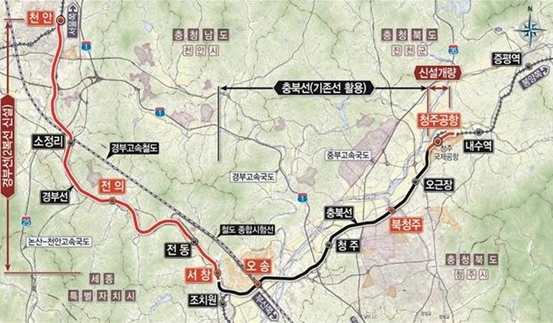 NSP통신-천안~청주공항 복선전철 건설사업 노선도 (한국철도시설공단)