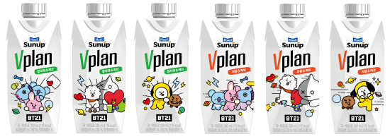 NSP통신-좌측부터 BT21 캐릭터를 포장용기 반영한 썬업 브이플랜 청사과&허브 3종, 자몽&허브 3종 신규 패키지 (매일유업 제공)