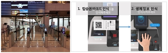 NSP통신-(좌) 김포공항에 마련된 생체정보 인증 신분확인 탑승 게이트와 (우) 생체인식 스탠드 이용 절차 (한국공항공사)