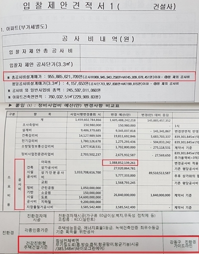 NSP통신-(위에서부터)고덕2단지 조합이 2013년 시공사 선정에서 총회의결 받은 공사비, 2016년 관리처분 총회에서 의결 받은 공사비(가운데), 및 개별품목에 대한 개별적인 조합원 총회 의결 없이 2016년 관리처분 총회에서 시공사와 체결한 도급계약서 마감재 리스트에 끼워 넣어 편법 처리한 A회사의 B제품. (윤민영 기자)