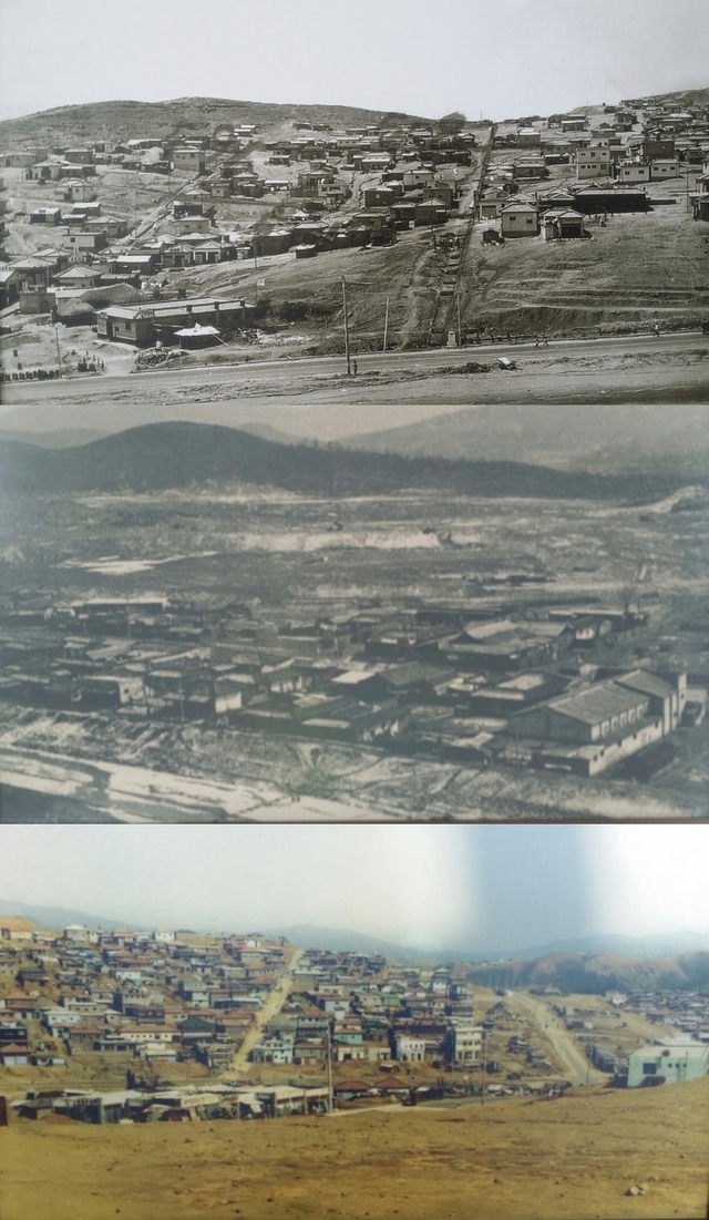 NSP통신-상)1972년 상대원 고개길 중)1972년 모란지역 빌라 성남종합운동장 부지 모습 하)1973년 신흥동 고개 성남초등학교 앞 사거리. (성남시)