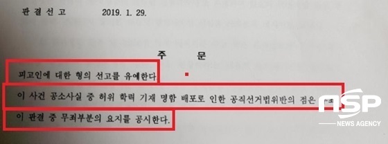 NSP통신-김필례 전 고양시의회 의장의 공직선거법 위반 사건(2018고합266) 1심 판결문 (강은태 기자)