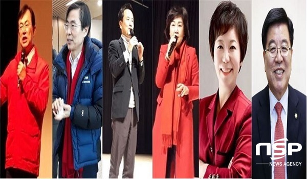 -이만희 의원 의정보고회에 참석한 의원들, 좌로부터 이만희 의원, 조경태 의원, 김진태 의원, 김순례 의원, 정미경 의원, 김광림 의원. (김도성 기자)