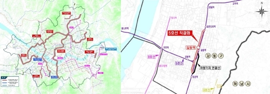 NSP통신-왼쪽부터 서울시 도시철망 기본계획 노선도, 지하철5호선 직결화(둔촌동역~굽은다리역)안. (서울 강동구)