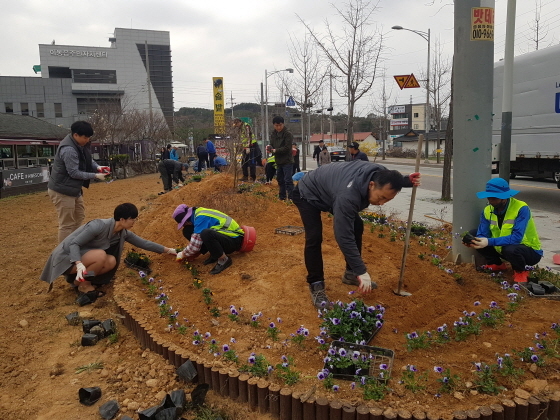 NSP통신-용인시 이동읍 직원들이 도로변 유휴지에 팬지꽃을 심으며 화단을 조성하고 있다. (용인시)