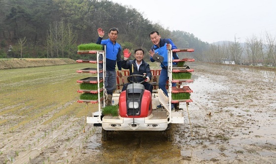NSP통신-▲예산군이 25일 첫 모내기를 실시했다. (예산군)