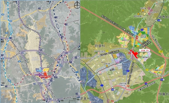 NSP통신-왼쪽부터 광명 시흥 테크노밸리, 안양 인덕원 도시개발사업 위치도 (경기도시공사)
