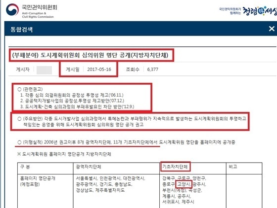 NSP통신-국민권익위원회로부터 도시개발 부패분야 개선을 위해 도시계획위원회 심의위원 명단을 공개한 지자체로 소개된 경기도 고양시 관련 공문 내용 (강은태 기자)