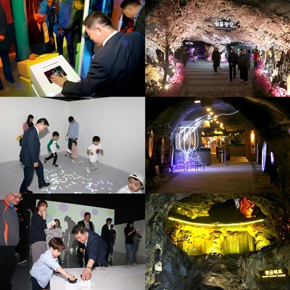 NSP통신-사진 왼쪽은 박승원 광명시장이 지난 5월 1일 개최된 레인보우팩토리 개전식에 참석해 어린이들과 체험을 하고 있는 모습이며, 오른쪽은 광명동굴의 내외부 전경. (광명시)