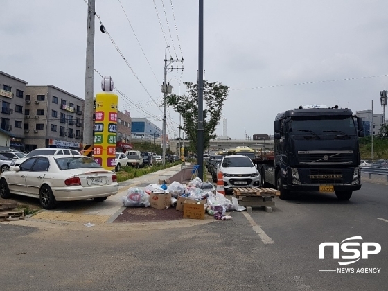 NSP통신-차도 위 이중으로 불법주차된 차량들과 보행자 통행을 방해하고 있는 차량과 쓰레기들. (배민구 기자)