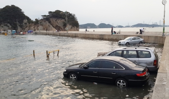 NSP통신-해수면이 상승해 차량이 침수된 충남 장고항 부근. (평택해양경찰서)