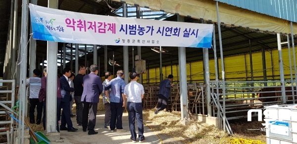 NSP통신-장흥군이 최근 개최한 유기농 액체비료를 이용한 악취저감제 시연회. (장흥군)