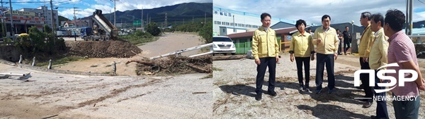 NSP통신-주낙영 경주시장 외동읍 문산리 우박교 붕괴 응급복구 현장 점검 모습. (권민수 기자)