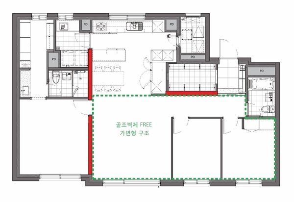 NSP통신-전용면적 84㎡ C2 HOUSE 평면. 붉은색으로 표시된 3개의 내력 벽을 T자 형태로 배치해 내부 평면을 다양하게 연출할 수 있다. (이미지=대림산업)