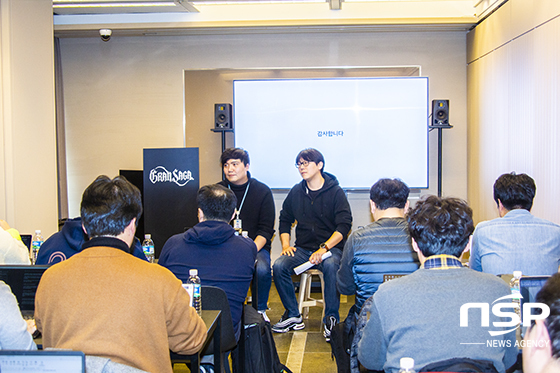 NSP통신-엔픽셀 김시래 게임사업팀장과 이두형 기획실장이 Q&A 시간을 가지고 있다. (이복현 기자)