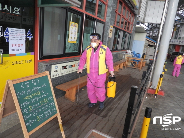 NSP통신-김순견 예비후보는 29일 오전 남구 오천읍 일대에서 코로나19 방역 봉사활동을 펼쳤다. (김순견 예비후보사무소)