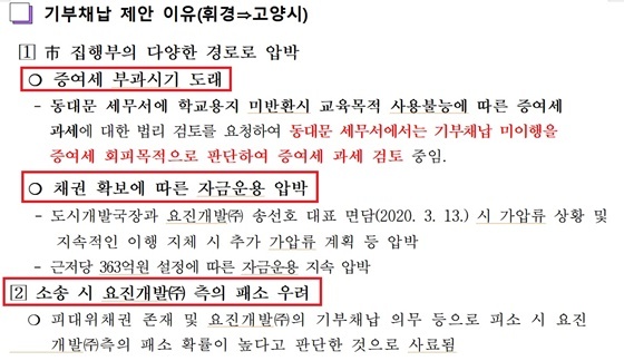 NSP통신-고양시가 고양시의회에 제출한 고양시 일산동구 백석동 1234-5번 1만2092.4㎡의 일반상업지역 대지를 휘경이 기부채납 하는 이유를 적시한 부의안건 내용 중 일부 (고양시의회)