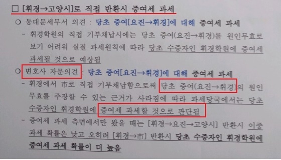 NSP통신-제목에는 휘경학원에서 고양시로 직접 학교부지 반환시 증여세를 과세하는 것처럼 적시하고 내용 설명에서는 동대문세무서 조사관의 발언 중 일부와 변호사 자문내용을 섞어 요진에서 최초 증여시 반드시 실질과세 원칙에 따라 증여세 과세된다는 내용을 휘경에서 고양시로 학교부지가 기부채납 될 때 증여세 과세 가능성이 높다는 엉터리 변호사 자문내용과 섞어 마치 휘경학원에서 고양시로 직접 학교부지 반환시 증여세가 과세된다는 답변내용으로 왜곡 설명한 내용 (비리척결운동본부)