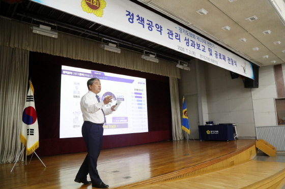 NSP통신-2일 오후 의회 1층 대강당에서 송한준 의장이 정책백서 성과보고회를 발표하고 있다. (경기도의회)