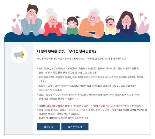 NSP통신-영양군은 청각장애 및 청력노화로 타지에 있는 자녀들과 통화조차 어려운 군민들의 민원해소를 위해 군 홈페이지 내 다 함께 행복한 영양, 우리집 행복동행자 온라인 소통창구를 개설해 3일부터 운영한다고 밝혔다. (영양군)