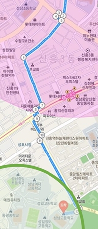 NSP통신-단지~고등학교 지역 도보 최단거리(성남고 기준). 자색 원은 단지 반경 1km 선(이미지=포털 캡쳐)