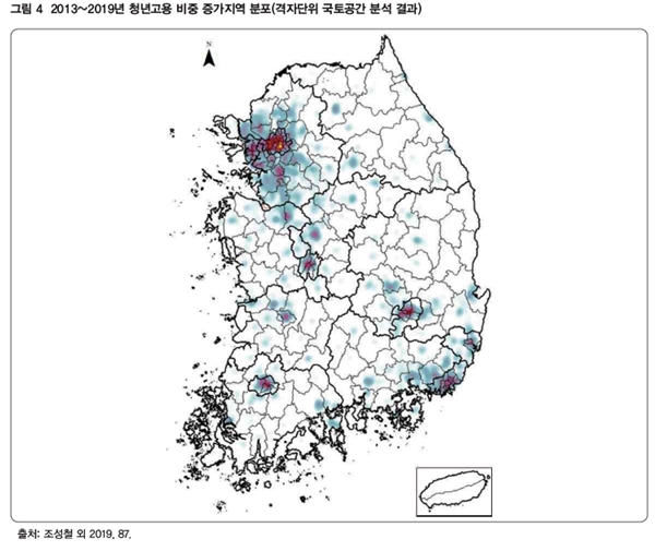 NSP통신-2013~2019년 청년고용 비중 증가지역 분포(격자 단위 국토공간 분석 결과)(이미지=국토연구원)