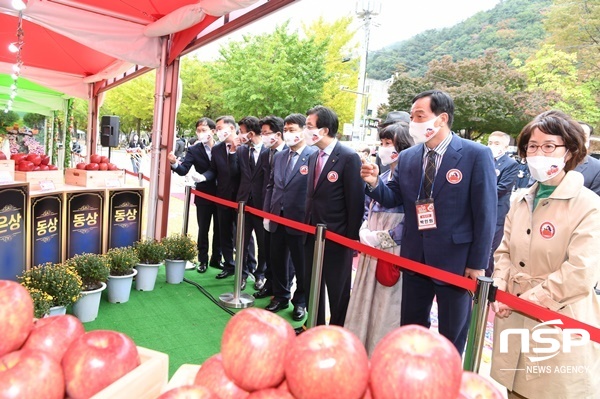 NSP통신-고윤환 문경시장과 시의원 등이 문경사과 홍보관을 살펴보고 있다. (문경시)