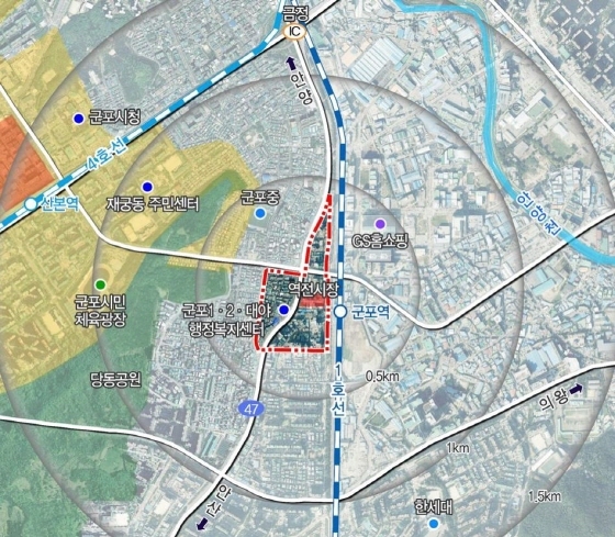 NSP통신-군포역세권 도시재생 뉴딜사업 지역인 당동 일원(가운데 붉은 선 지역). (군포시)