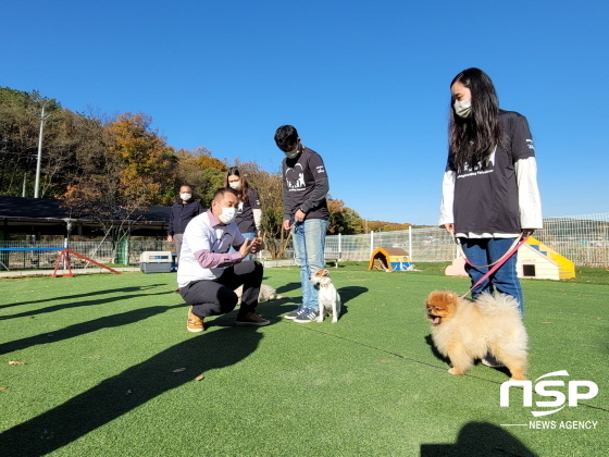 NSP통신-9일 오전 9시부터 화성시 봉담읍 내리에 위치한 이삭애견훈련소에서 둥글개봉사단이 호산나대학 애견케어학과 학생들을 상대로 동물매개치유 프로그램의 운영방법, 돌발 상황 발생시 대처법, 프로그램 진행의 중요 포인트 등을 레크레이션 형식으로 진행했다. (김종식 기자)