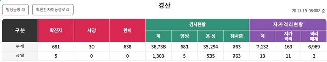 NSP통신-경산시 코로나19 신규확진자 현황(2020.11.19. 오전 8시기준) (경산시청 홈페이지 캡쳐)