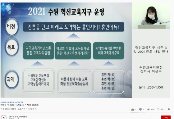 NSP통신-17일 수원교육지원청 유튜브 채널에서 2021 수원 혁신교육지구 사업설명회가 진행되고 있다. (수원시)