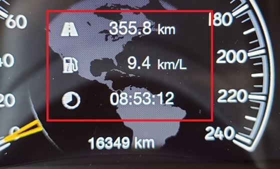 NSP통신-총 355.8km 거리를 8시간 53분 12초 동안 시승한 후 체크한 지프 그랜드 체로키 리미티드 X 3.6의 실제 복합주행연비 9.4km/ℓ 기록 (강은태 기자)