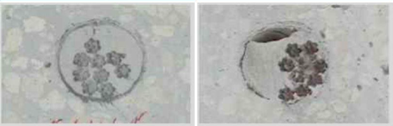NSP통신-정상적으로 채워진 덕트 내부 단면(왼쪽)과 빈 공간이 발생한 덕트 내부 단면(오른쪽) (롯데건설)