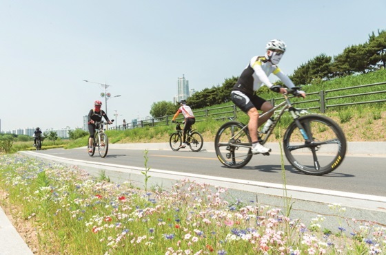 NSP통신-양천구 안양천 제방 자전거 도로를 달리는 주민들 (양천구)