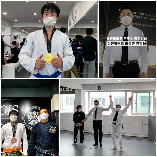 NSP통신-왼쪽부터 우승한 윤형주 선수, 심판위원장 이상곤 관장, 장승규 선수와 이상곤 관장, 이하영 선수. (아이기스 주짓수 제공)