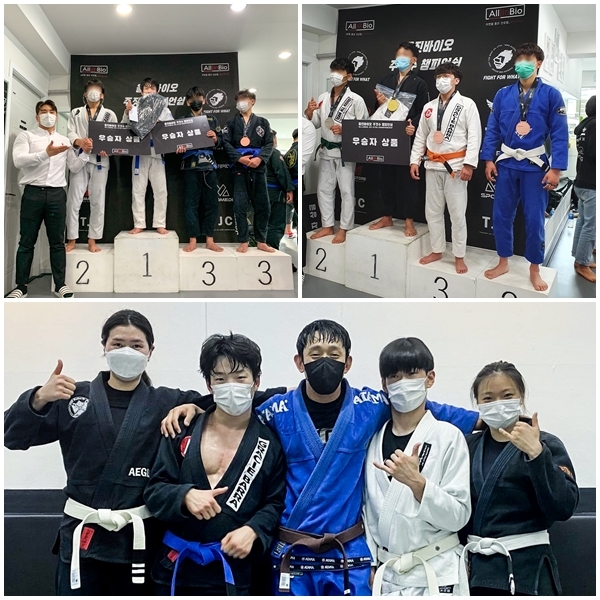 NSP통신-왼쪽부터 1위 윤형주 선수, 3위 장승규 선수, 장덕한 관장과 대회에 함께한 선수들. (아이기스 주짓수 제공)