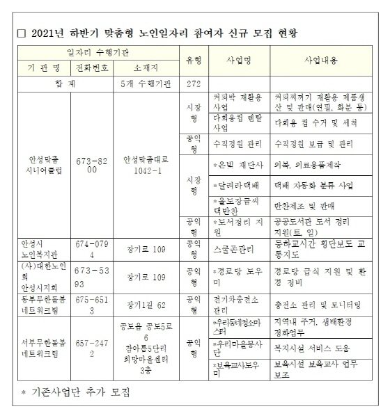 NSP통신-2021년 하반기 맞춤형 노인일자리 참여자 신규 모집 현황표. (안성시)