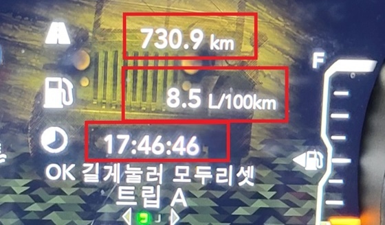 NSP통신-총 730.9km를 17시간 46분 동안 시승한 결과 지프 랭글러 사하라 파워탑 80주년 에디션 모델의 실제연비 11.74km/ℓ(8.5km/100ℓ) 기록 (강은태 기자)