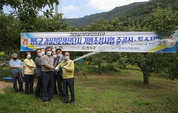 NSP통신-청도군 가마실.덕암지구 과실전문생산단지 기반조성사업 준공식을 마치고 이승율군수가 통수 작업 시연을 하고 있다 (청도군)