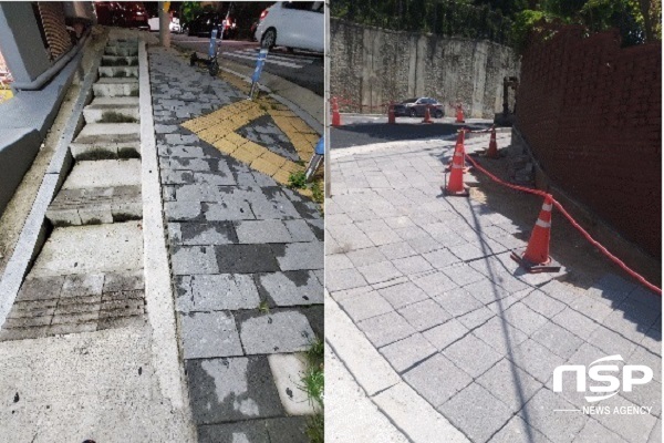 NSP통신-조례대림아파트 사거리 보도 급경사 공사완료(좌측)했으며,봉화그린빌 아파트 앞 급경사 보도(우측) 작업중에 있다. (구정준 기자)