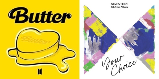 NSP통신-▲방탄소년단 새 디지털 싱글 Butter 표지(左)와 세븐틴 미니 8집 Your Choice 표지(右)(사진 제공 = YG PLUS / BIGHIT MUSIC, 플레디스 엔터테인먼트)
