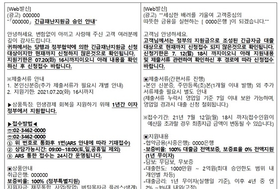NSP통신-재난지원금 빙자 보이스피싱 대출사기 문자 (금감원)